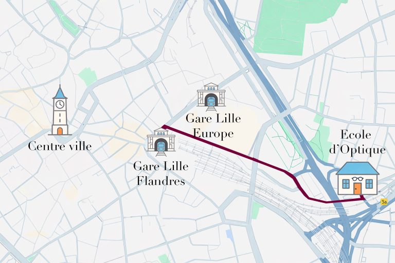 Plan d'accès à l'École d'Optique et de Lunetterie à Lille depuis les gares Lille Flandres et Lille Europe.